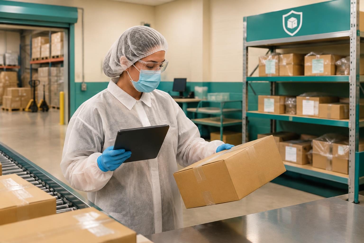 RMA process context: protected warehouse worker inspecting a returned carton beside a returns quarantine shelf