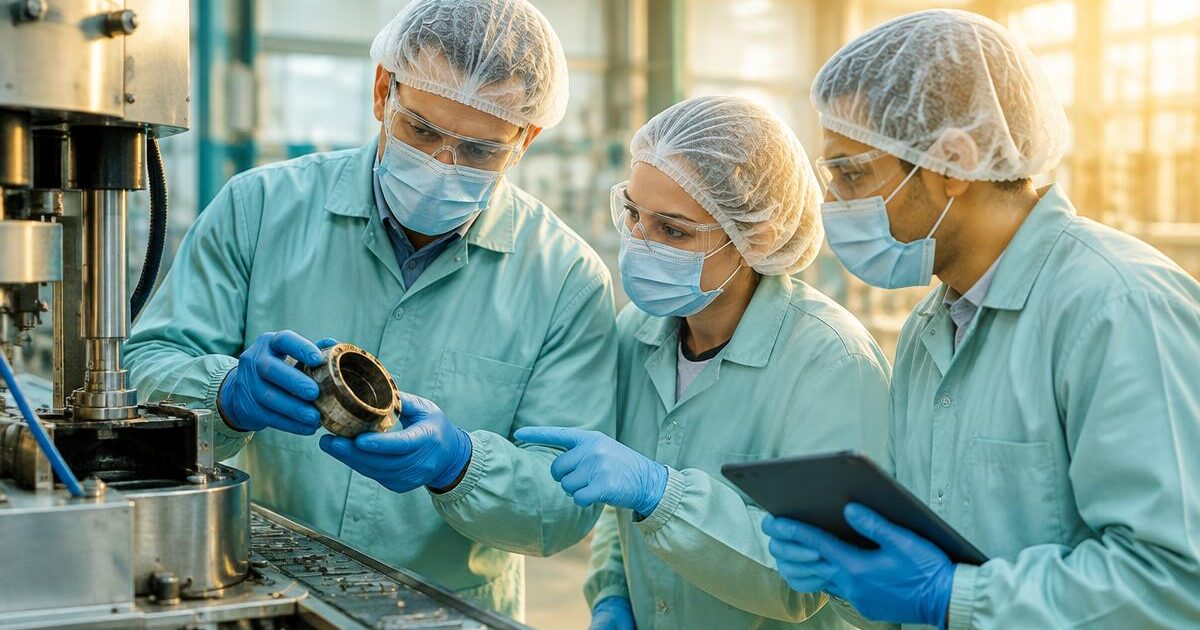 Root cause analysis: three people in PPE examine a worn machine part at a stopped production machine, one holding a tablet