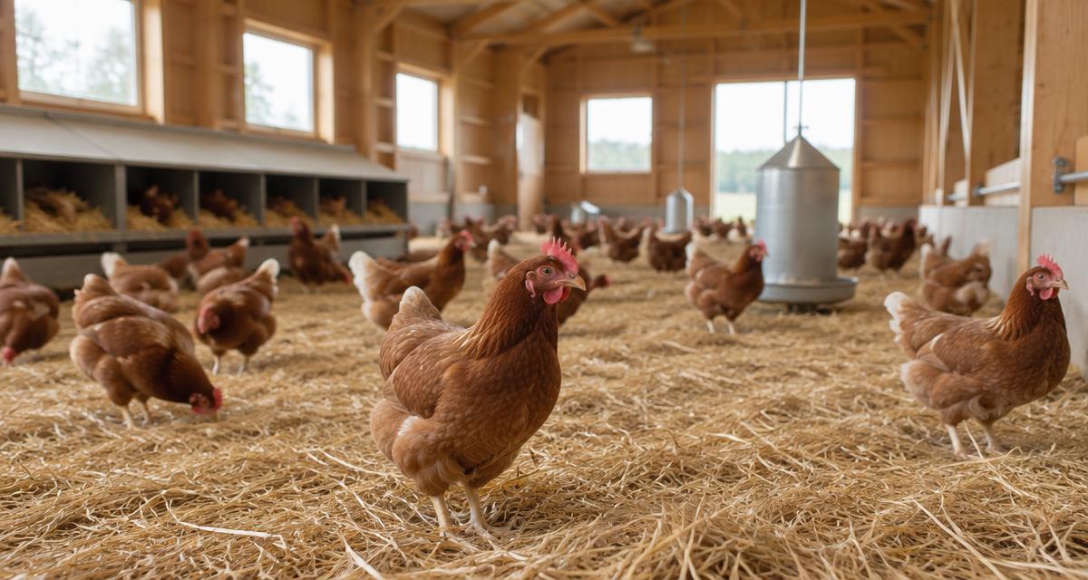 Free-range hens in a spacious straw-bedded barn with natural window light