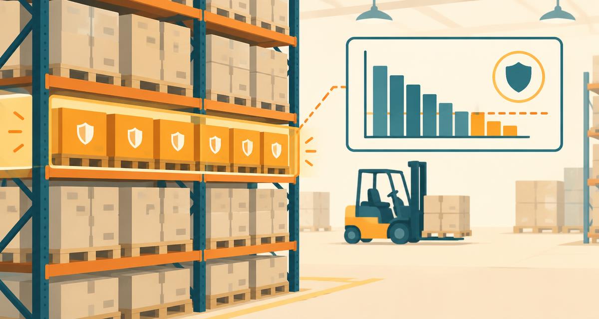 Safety stock: warehouse racking with a highlighted buffer row of shield-marked boxes beside an inventory level chart