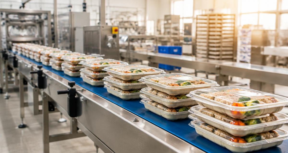 Sealed own-label food packages moving along a conveyor in a bright modern food factory