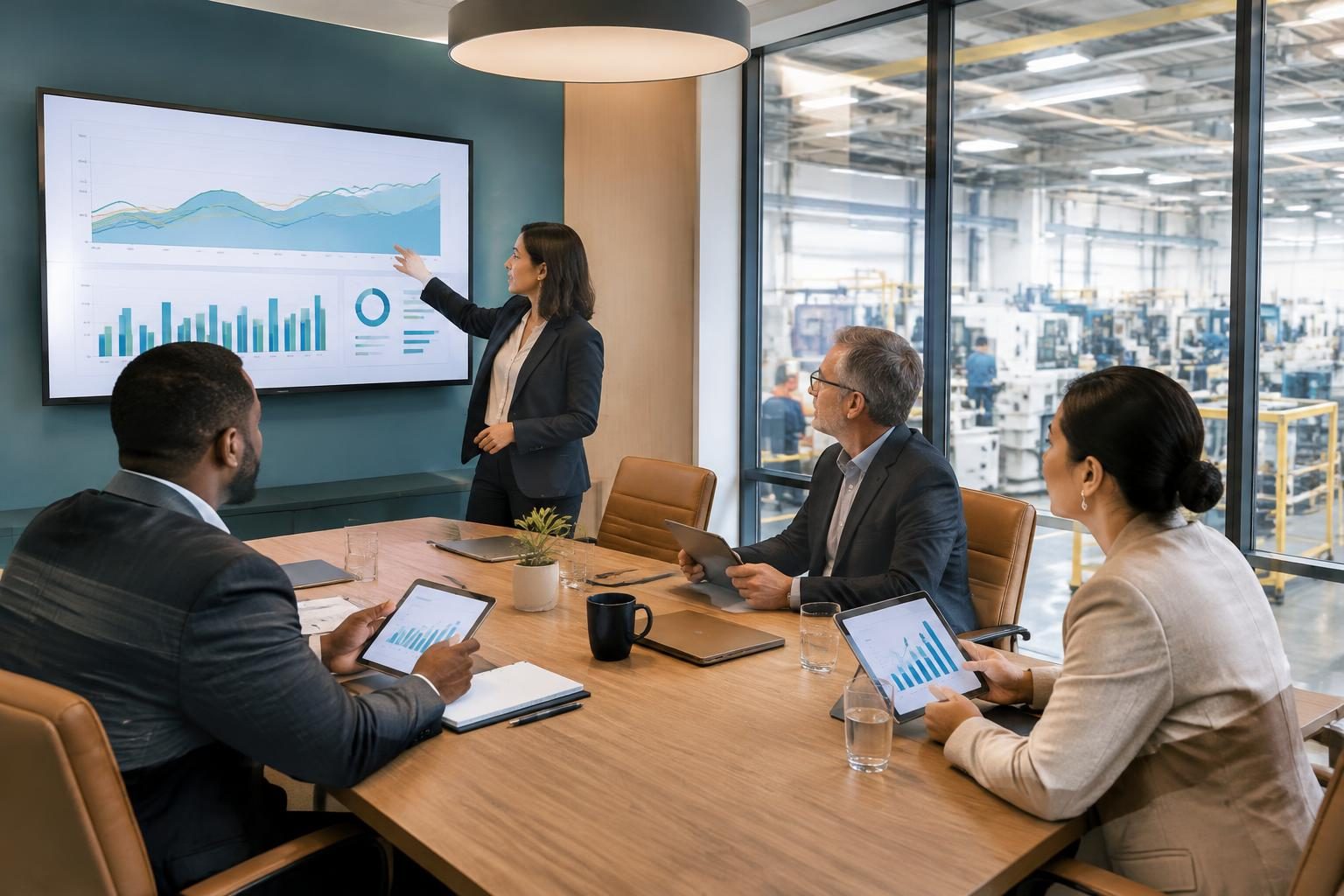 Sales and operations planning context: planning team reviewing aggregate demand and capacity charts above a factory floor