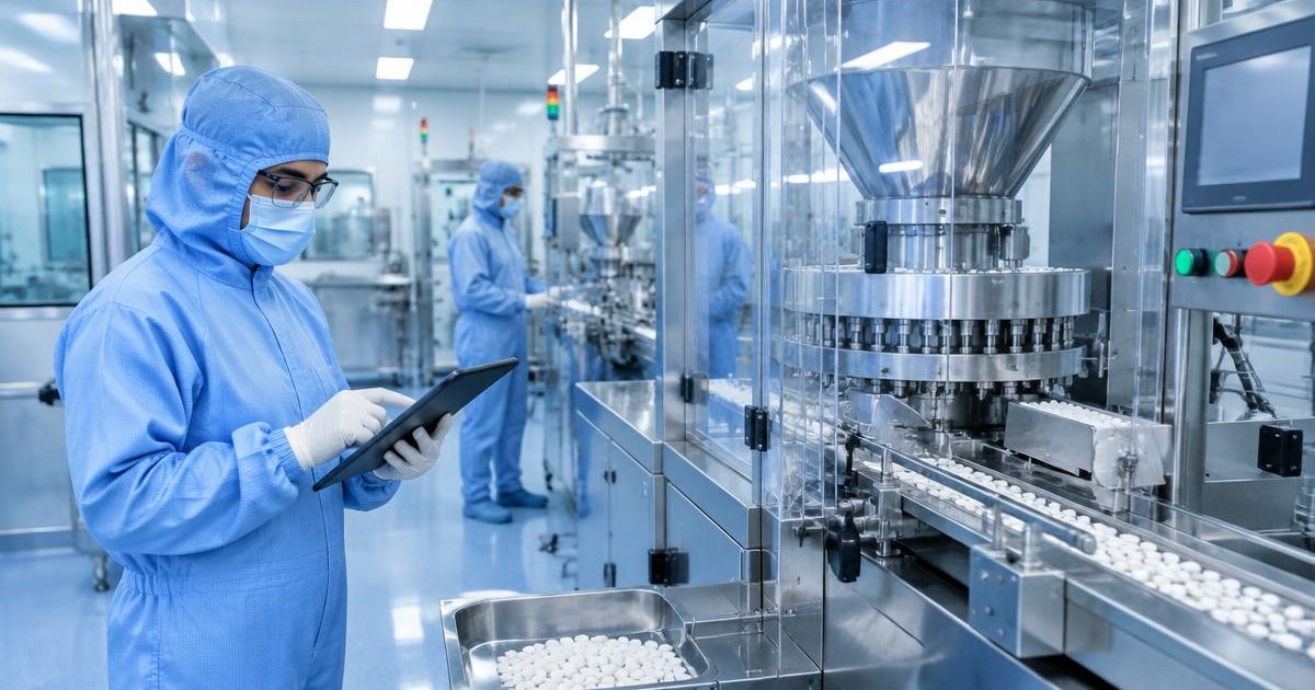 Schedule M GMP: gowned operators use a tablet beside a tablet press in an Indian pharmaceutical plant