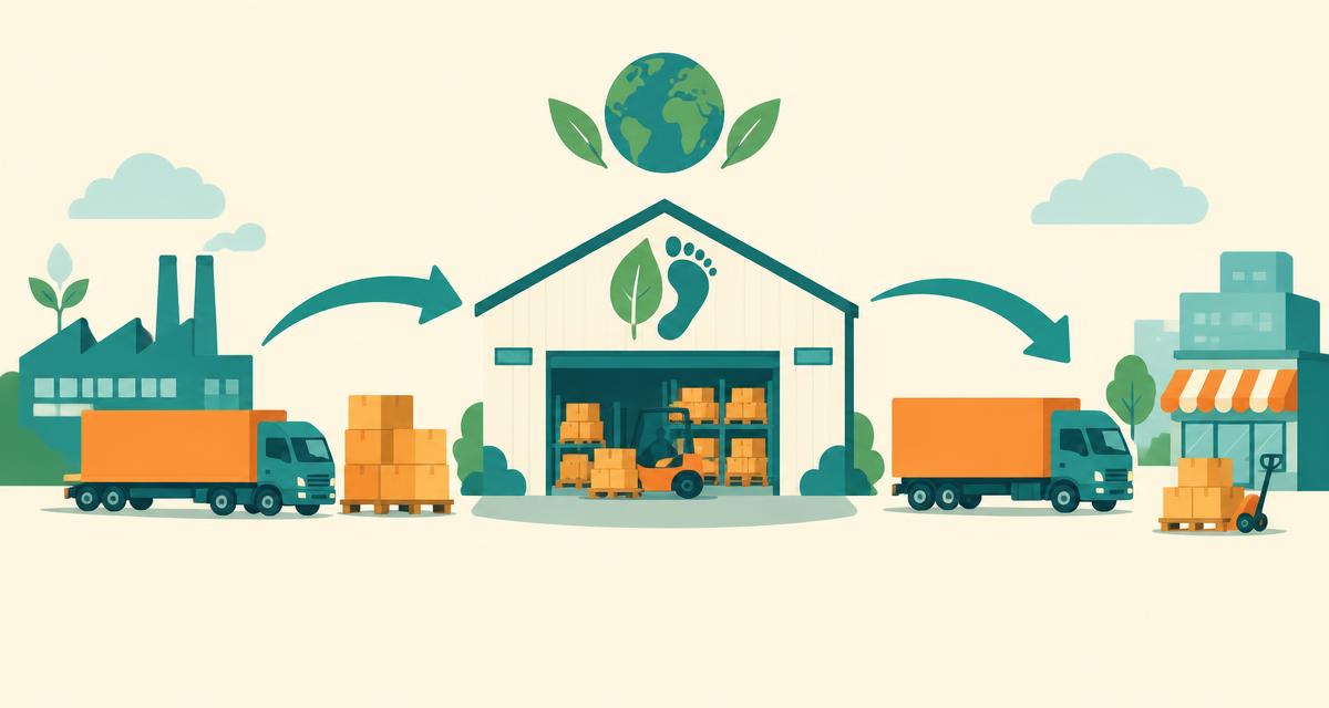 Delivery trucks and pallets flow into and out of a warehouse under a globe and footprint motif