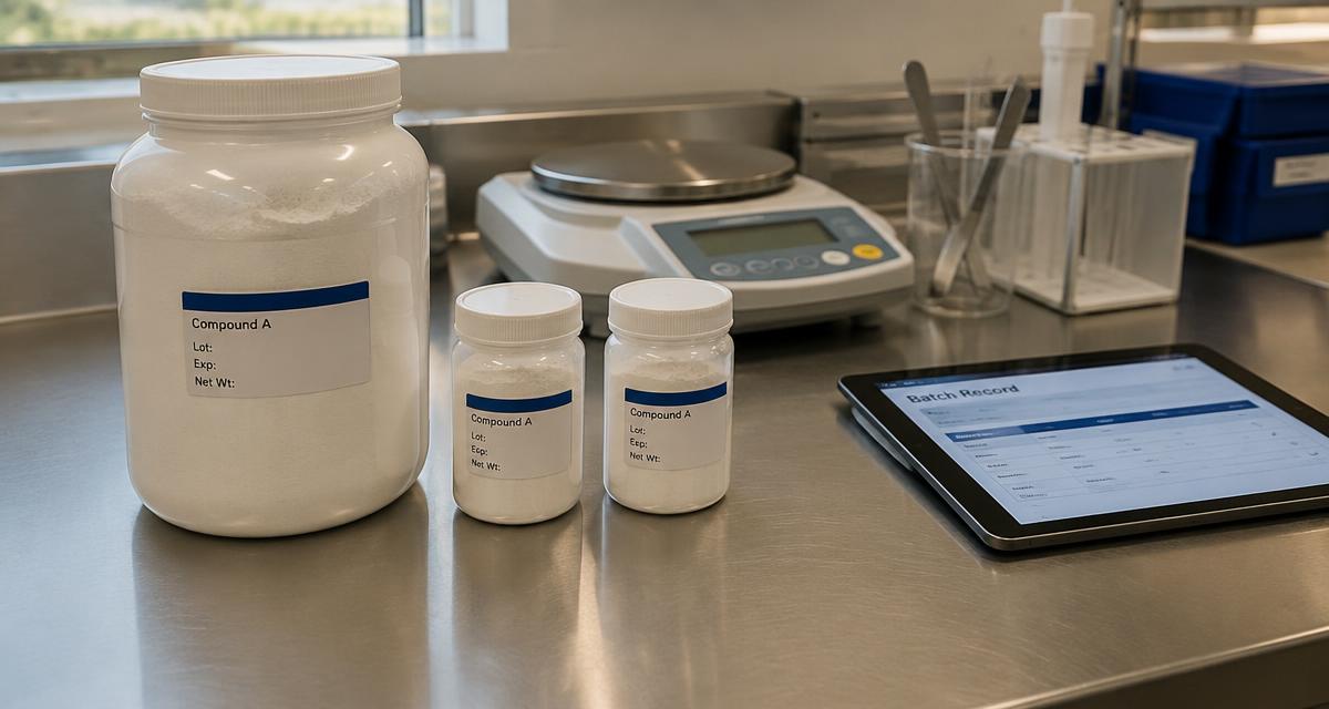 Split batch context: one large labelled container of powder dividing into two smaller labelled containers with a batch record on a tablet