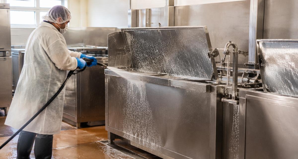 Protected sanitation worker washing down stainless food equipment