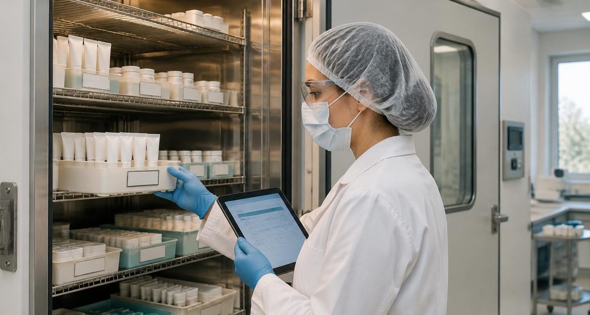 Quality analyst in hair cover, mask, safety glasses and gloves removes a tray of ointment tubes from a stability chamber while checking a schedule on a tablet