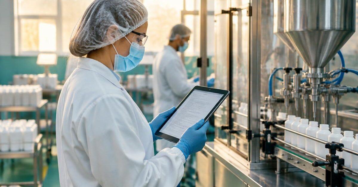 Standard operating procedure: an operator in PPE reads the SOP on a tablet beside a bottle filling machine before starting work