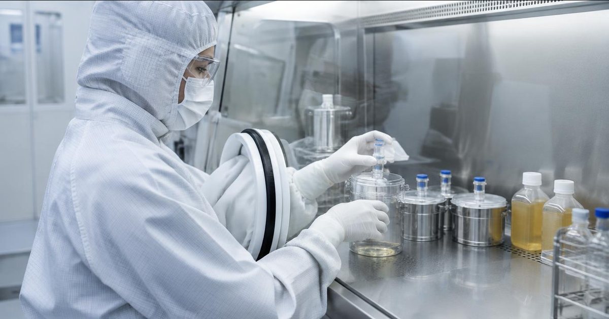 Sterility: a microbiologist in full cleanroom gown handles sterility test canisters inside an isolator