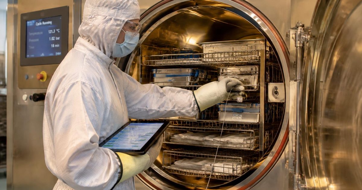 Gowned technician placing temperature probes in a loaded steam sterilizer while holding a tablet