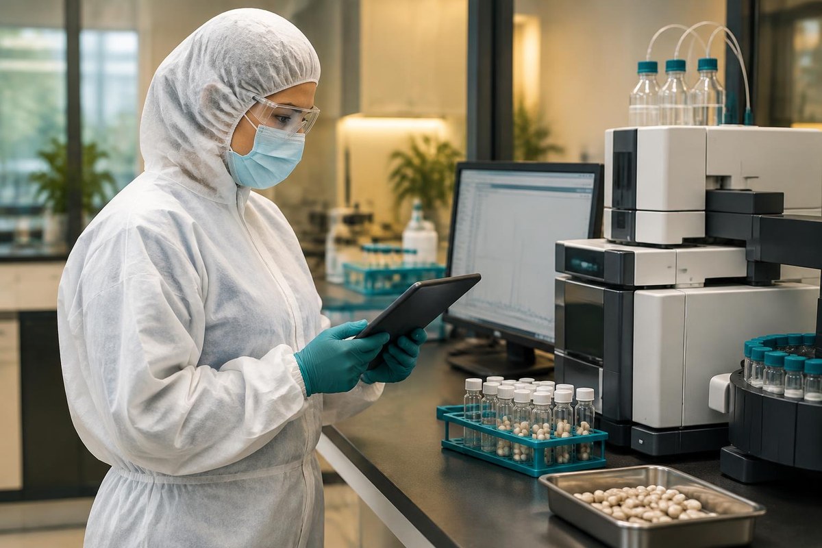 Laboratory operations (Subpart J): protected supplement laboratory specialist reviewing test results on a tablet beside analytical equipment and capsule sample vials