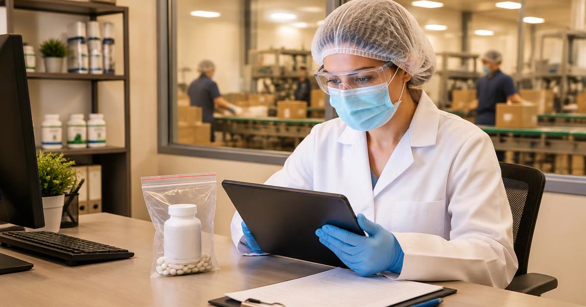Quality specialist in hair cover, mask and gloves reviewing a complaint case on a tablet beside a returned supplement bottle