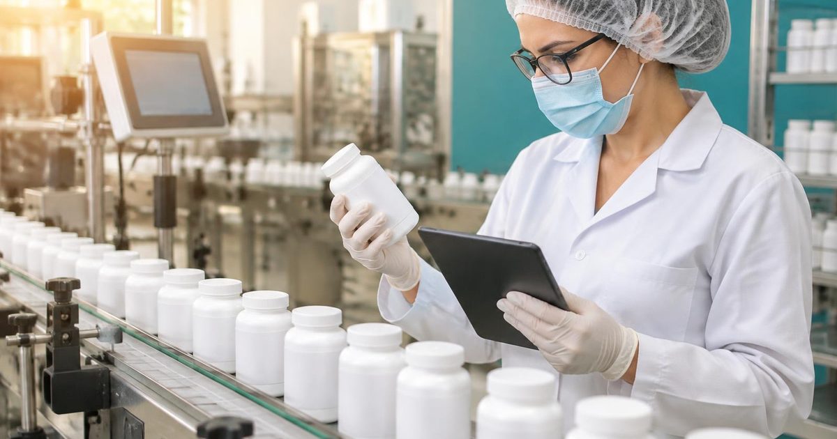 Worker in hairnet, mask, glasses and gloves checking a supplement bottle label against a tablet