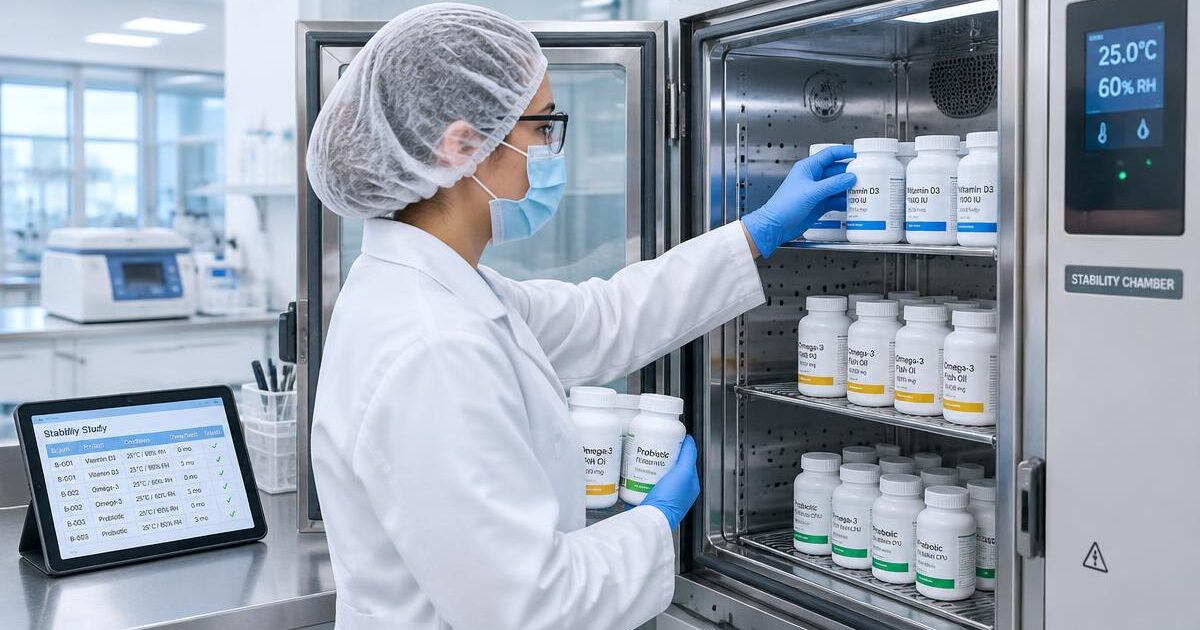 Lab technician in protective clothing loads supplement bottles into a stability chamber