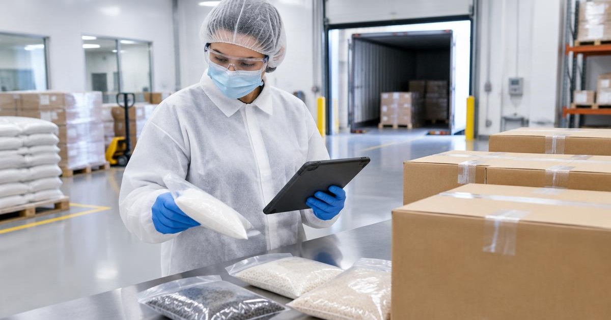 Quality technician in hair cover mask safety glasses coat gloves examining incoming supplier samples with tablet