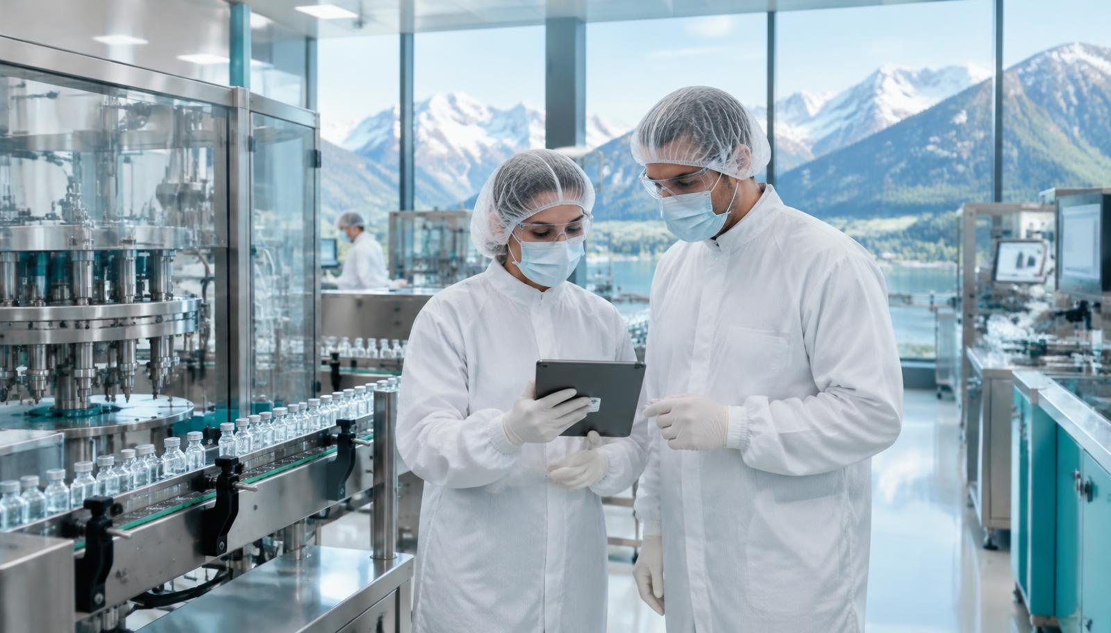 GMP inspector and quality manager in gowns reviewing records on a tablet at a vial filling line