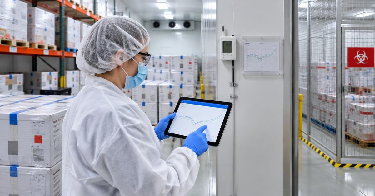 temperature excursion context: protected personnel examining relevant equipment and materials with a tablet in a manufacturing workplace