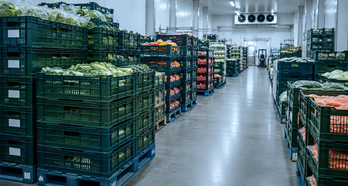 Stacked produce crates in a chilled supermarket distribution centre aisle