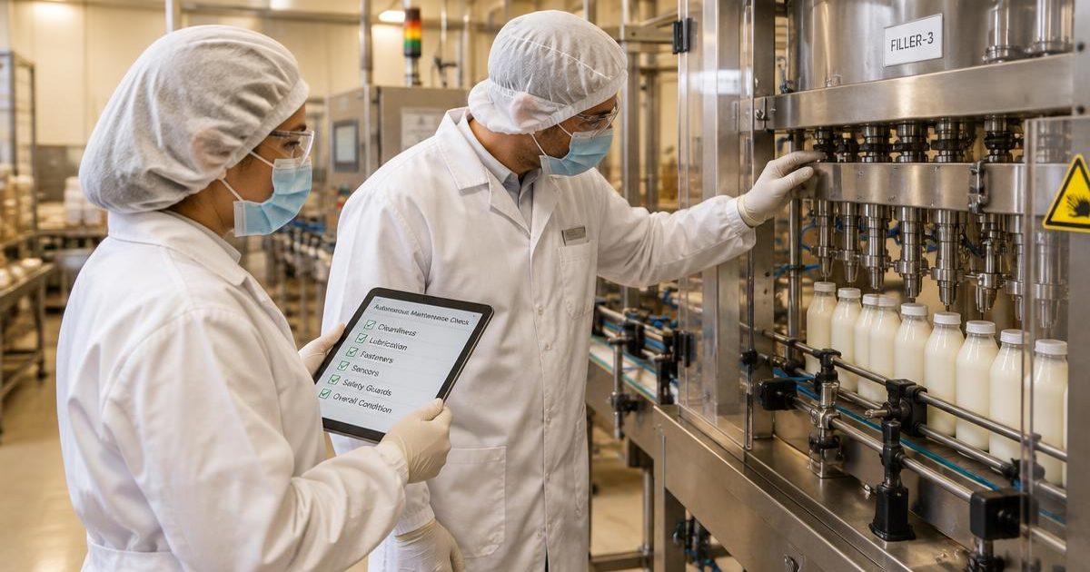 Operator and technician in hair covers, masks, glasses and gloves running an autonomous maintenance check on a filling machine