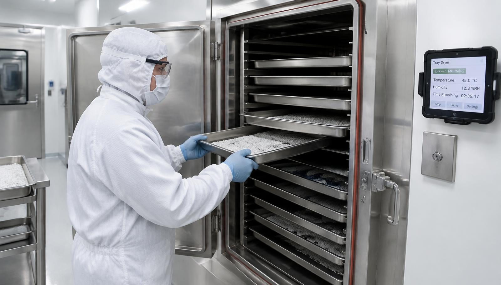 Tray drying context: gowned operator loading a tray of wet granules into a shelf tray dryer