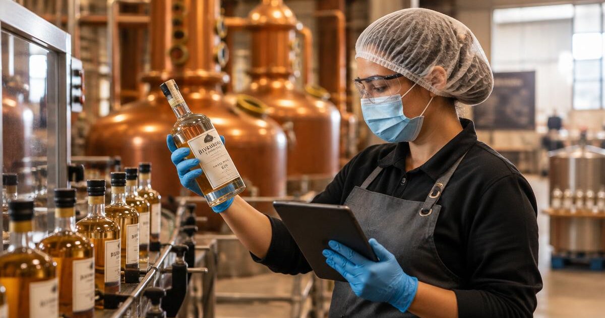 Distillery worker in hair net, mask, safety glasses, apron and gloves checking a spirits bottle label against a tablet
