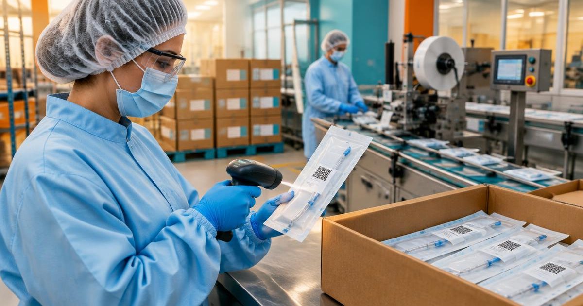 UDI-DI vs UDI-PI: a packaging operator in PPE scans the 2D barcode on a sterile medical device pouch