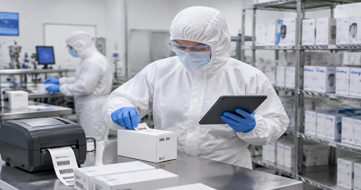 Protected medical-device colleague examining a package label beside a printer and tablet; a protected colleague works behind