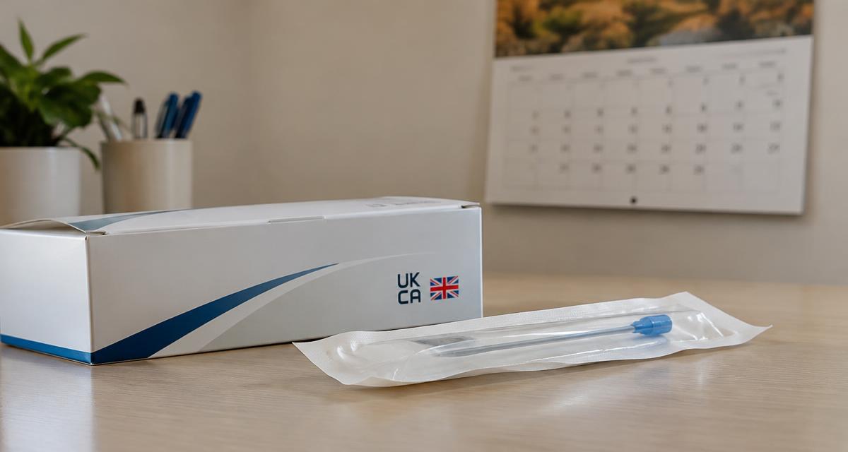 UKCA marking context: a medical device carton and sterile pouch with conformity marks beside a transition timeline calendar