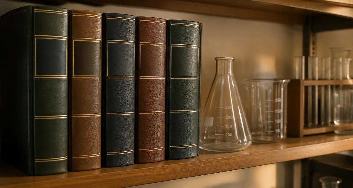 Reference compendia on a laboratory shelf beside glassware