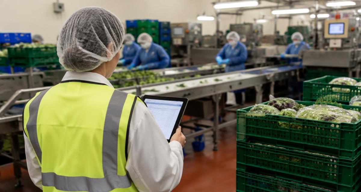 An auditor in PPE checking quality records on a tablet in a fresh produce factory