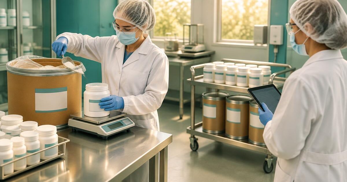 Weigh and dispense: an operator in PPE weighs powder from a labelled drum on a bench scale while a second operator verifies on a tablet