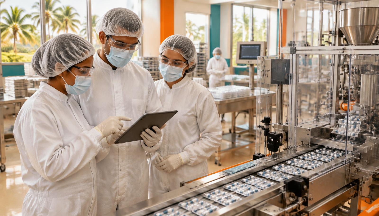 Quality team in gowns reviewing a GMP self-inspection on a tablet beside a blister packaging line