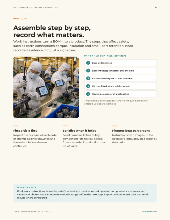 Page 11 of the guide: Assemble step by step, record what matters