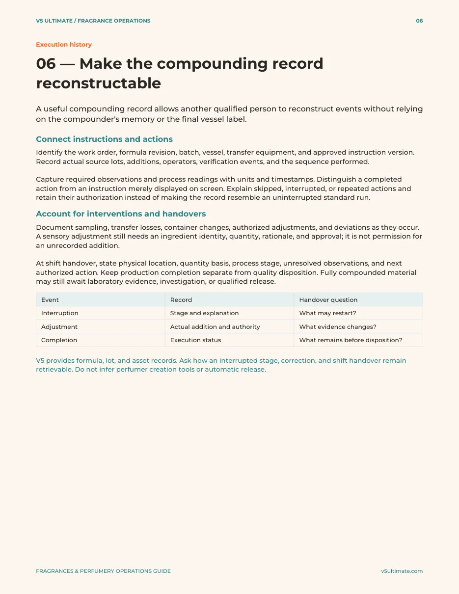 Guide section on reconstructing a fragrance compounding record
