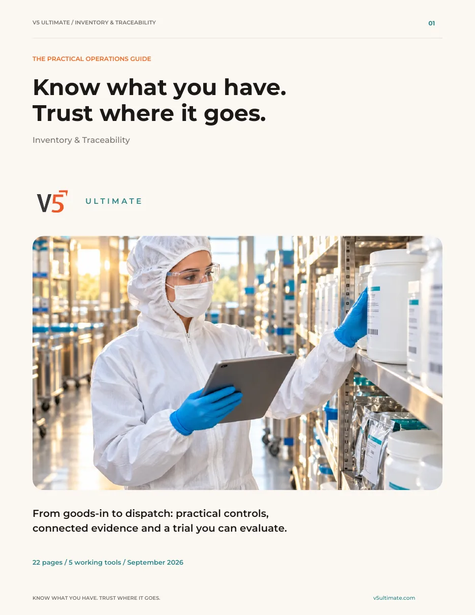 Cover of the V5 Ultimate Inventory & Traceability guide: Know what you have. Trust where it goes.
