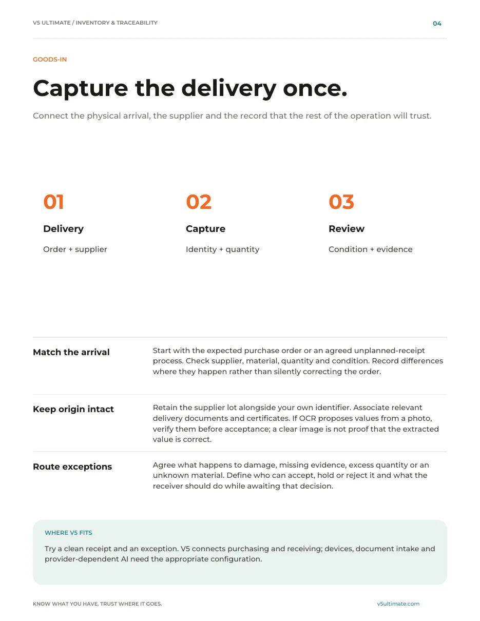 Guide page 4: goods-in — capture the delivery once, match the arrival, keep the supplier lot and route exceptions