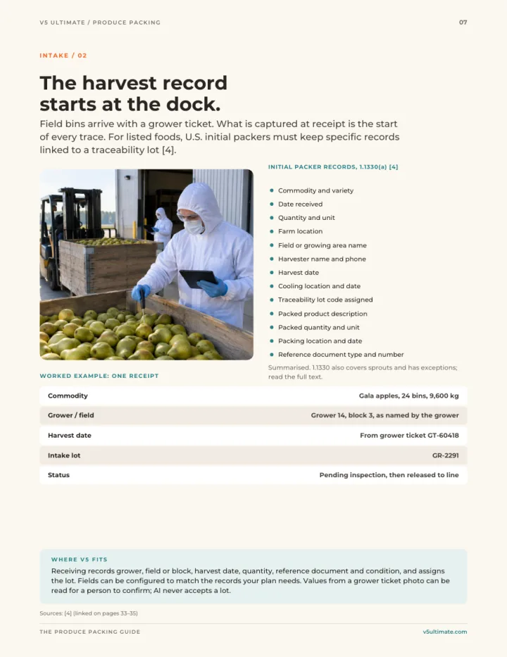 Page 7 of the guide: The harvest record starts at the dock