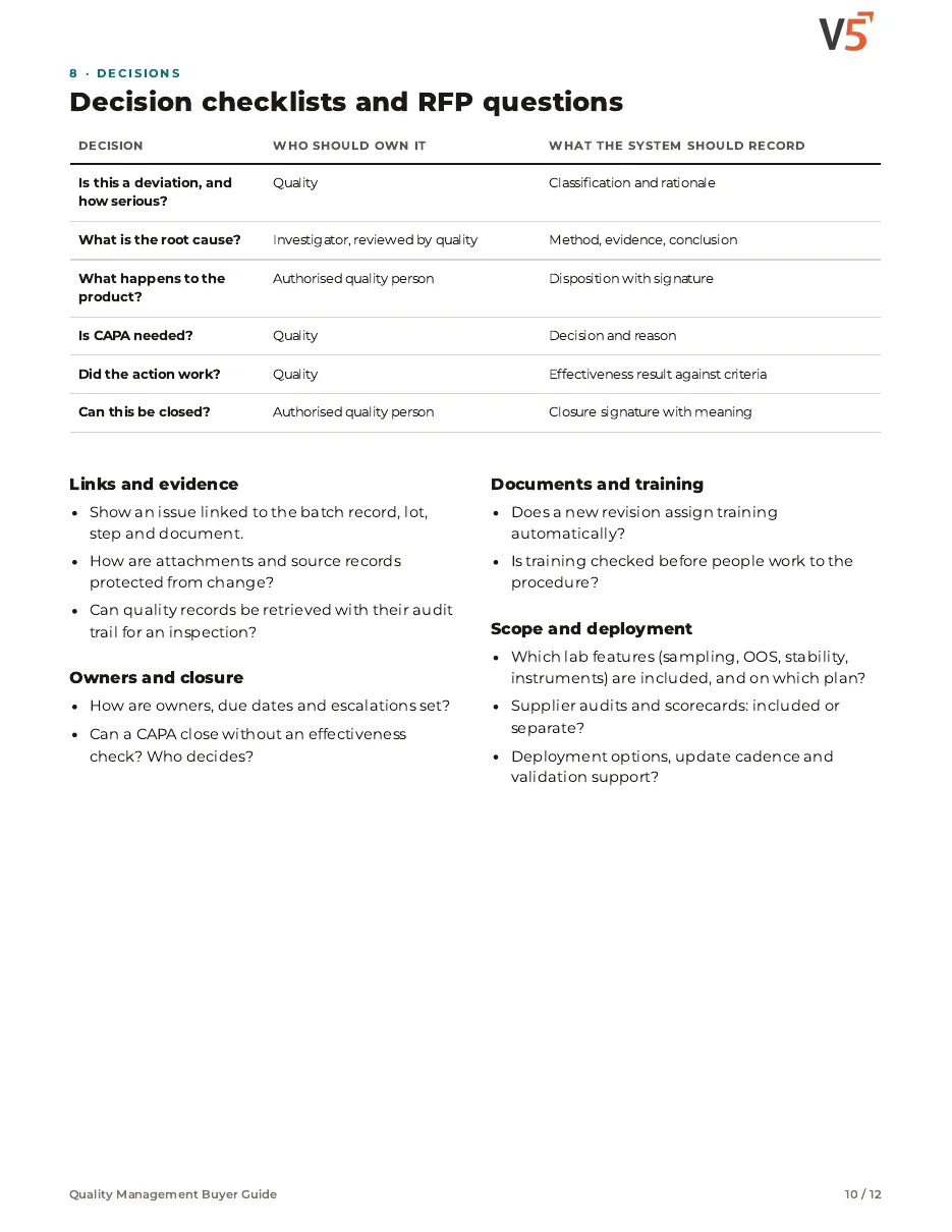 Guide page 10: decision checklists and RFP questions for quality management software