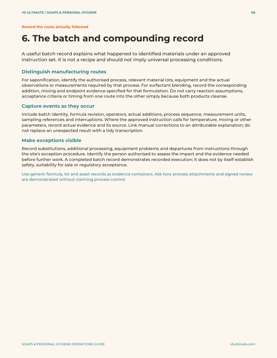 Guide section on the soap batch record