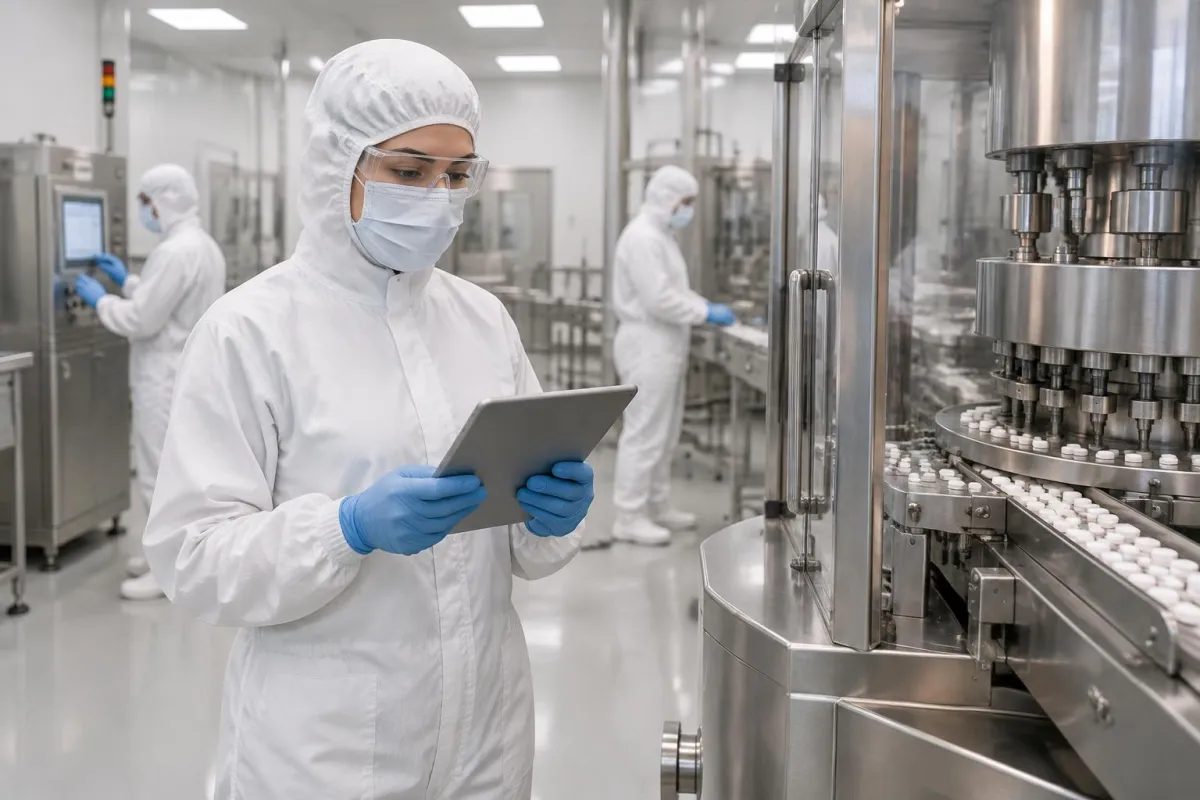 Operator in full cleanroom gown, mask and gloves holding a tablet beside a tablet press, with colleagues working in the background