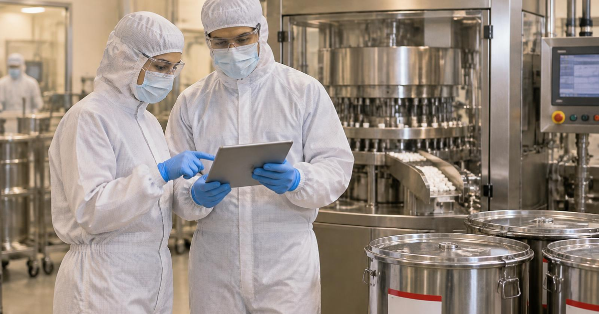 Gowned pharmaceutical quality reviewer and operator checking a batch record on a tablet beside a tablet press and quarantined component drums