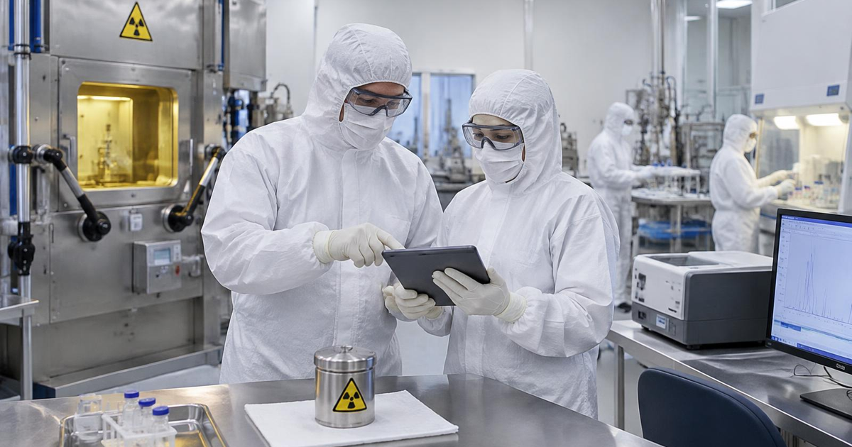 Protected PET production and quality colleagues reviewing a tablet beside a closed hot cell and analytical equipment