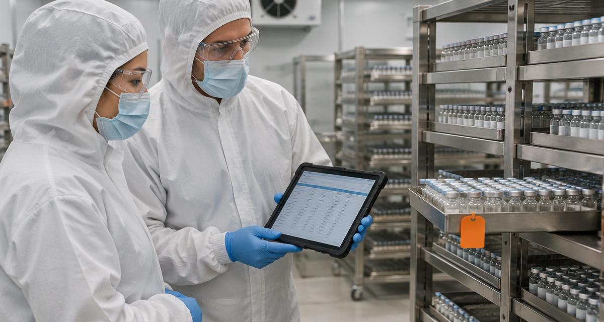 Veterinary biologics colleagues in protective clothing checking a serial record beside capped vaccine vials, one tray on hold