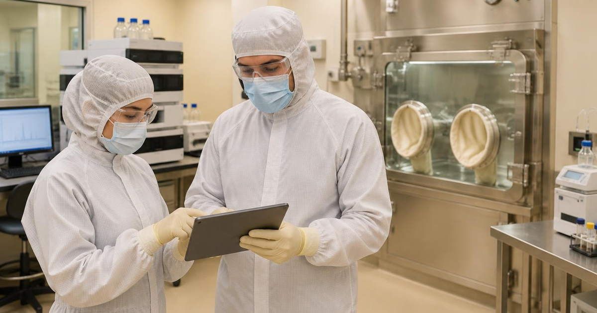 Protected PET quality reviewer examining a batch release evidence packet on a tablet beside a closed hot cell