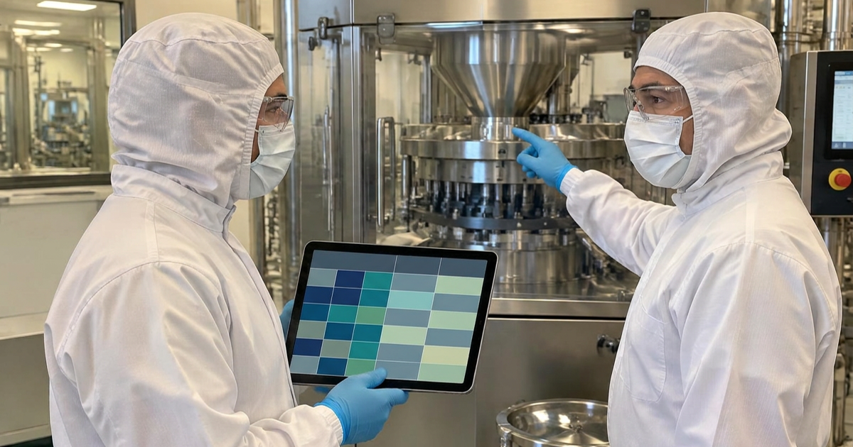 Two gowned pharmaceutical quality colleagues, one from the product owner and one from the contract manufacturer, reviewing a responsibility table on a tablet beside a tablet press