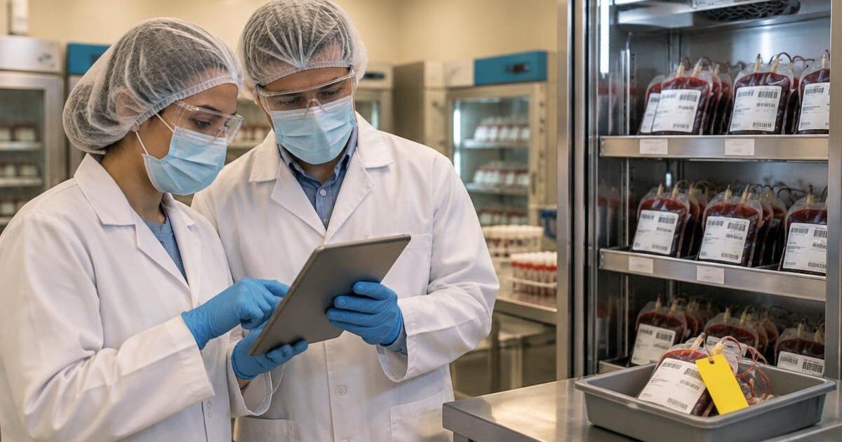 Protected blood establishment colleagues reviewing a donor record chain on a tablet beside separately identified blood bags