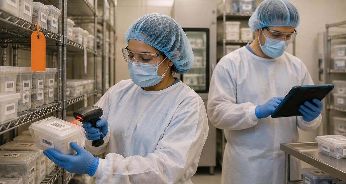 Tissue establishment colleagues in protective clothing scanning a quarantined tissue container and checking shipment records on a tablet