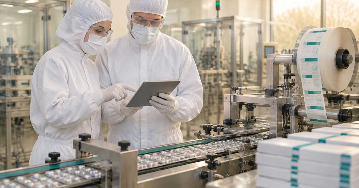 Two pharmaceutical colleagues in full cleanroom protective clothing reviewing a batch record on a tablet beside a blister packaging line, label roll and finished carton stacks