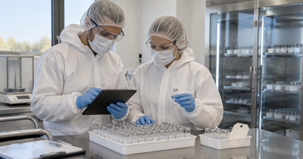 Two protected reference material colleagues reconciling numbered vials against a unit record on a tablet