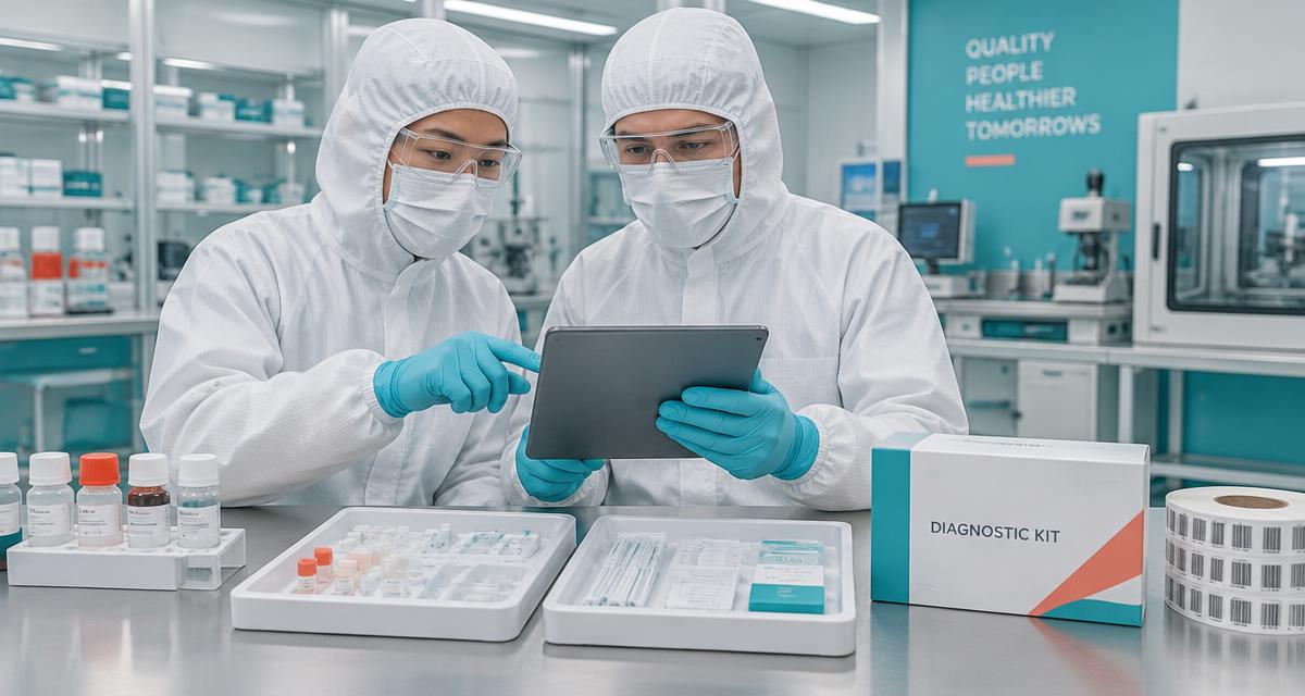 Protected diagnostic manufacturing colleagues reviewing a tablet beside reagent and kit components